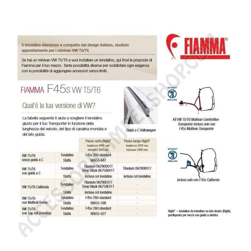Tendalino Veranda Fiamma F45S per VW T5/T6 | Accessoricampershop.com