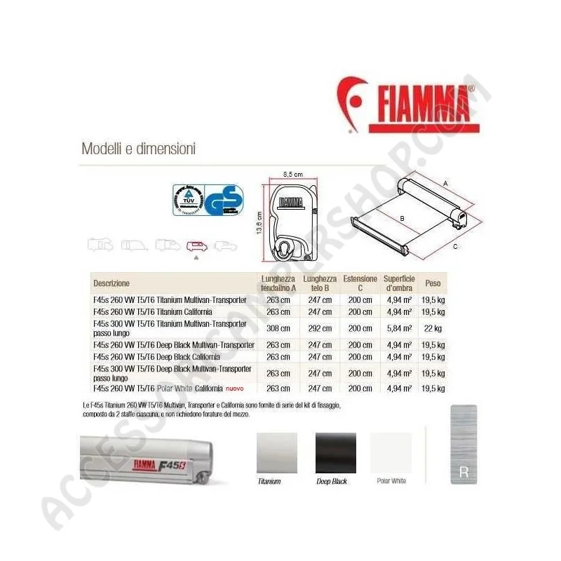 Tendalino Veranda Fiamma F45S per VW T5/T6 | Accessoricampershop.com