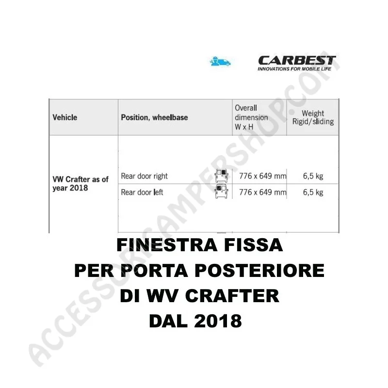 Finestra Fissa Vetro Carbest VW Crafter 2018 | Accessoricampershop.com