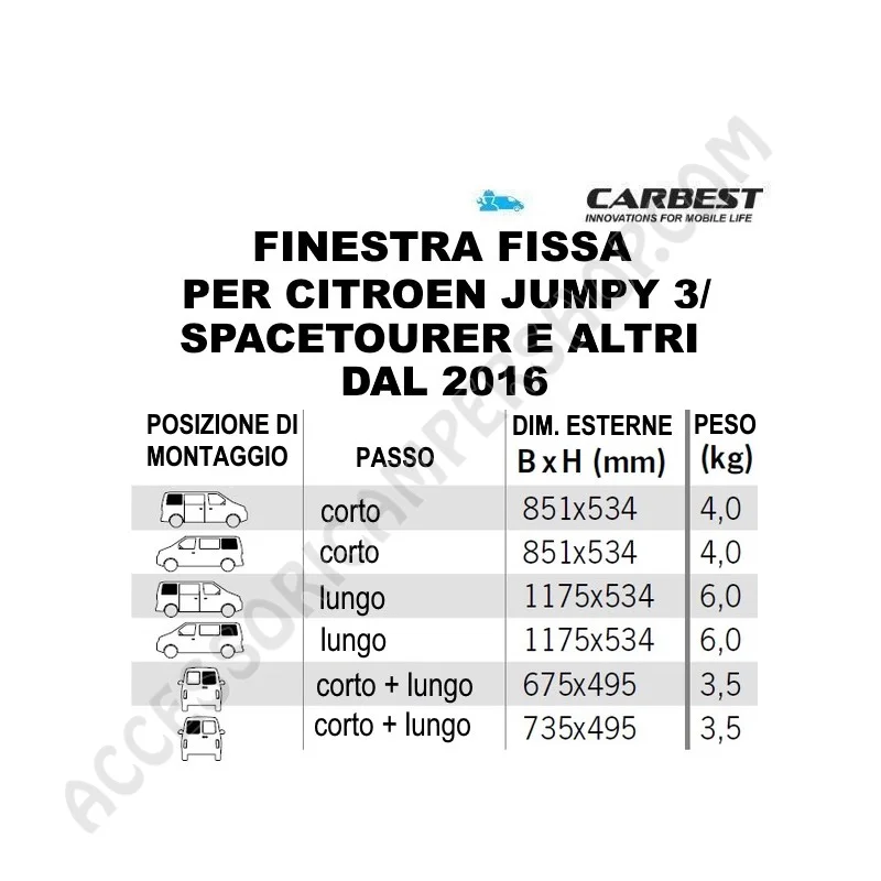 Finestra Fissa Carbest per Citroen Jumpy 3 | Accessoricampershop.com